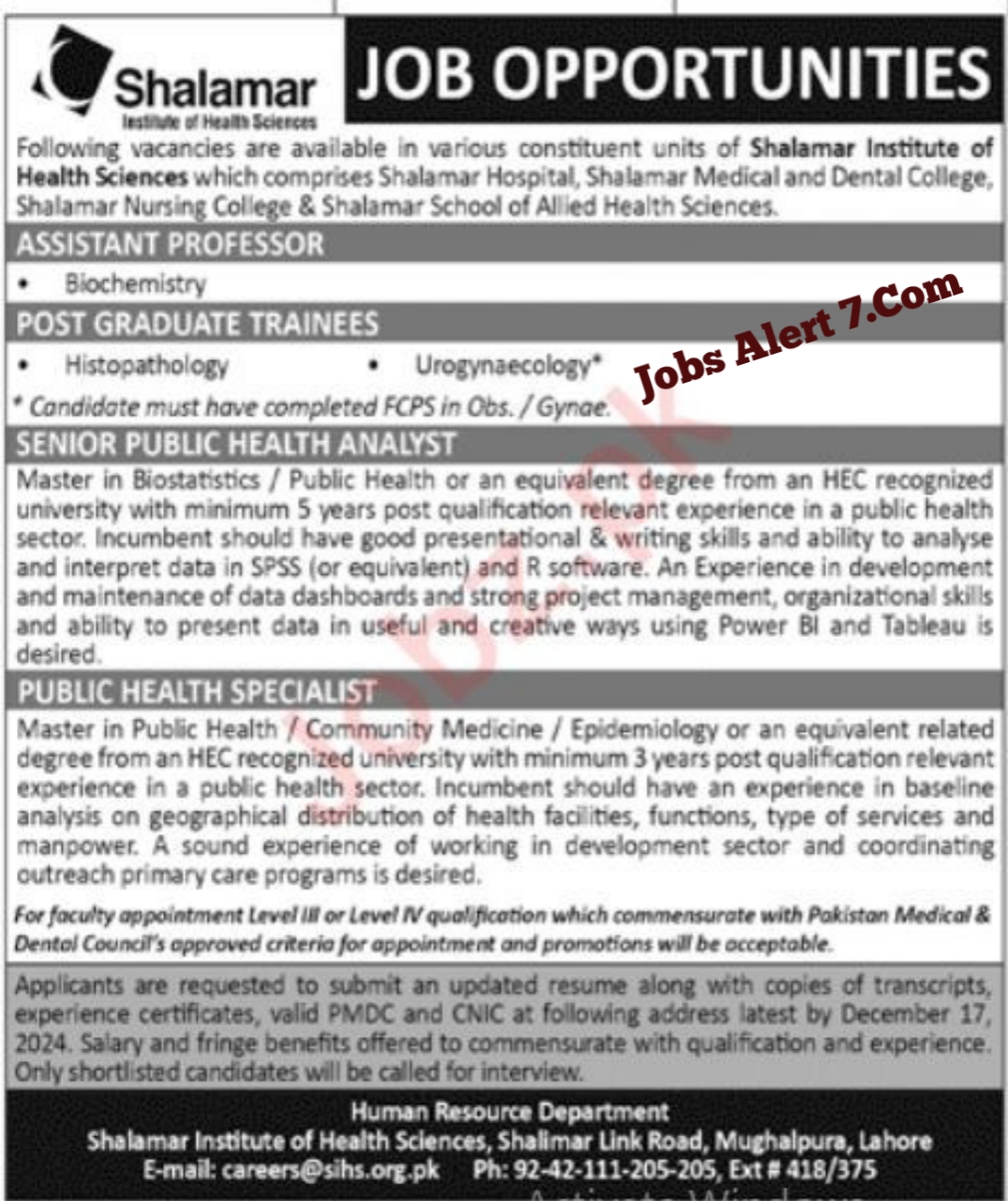 Current Positions at Shalamar Institute of Health Sciences in Lahore