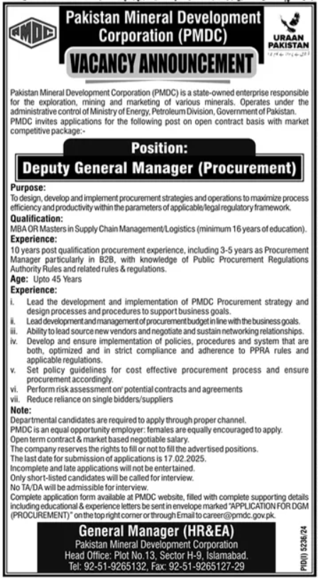 Current Management Positions at Pakistan Mineral Development Corporation in Islamabad, 2025