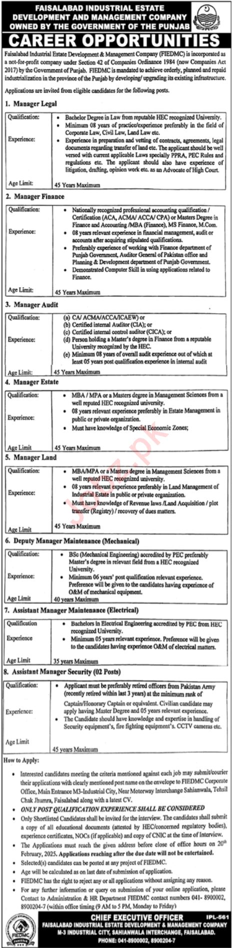 Current Management Positions at Faisalabad Industrial Estate Development & Management Company (FIEDMC) Faisalabad 2025